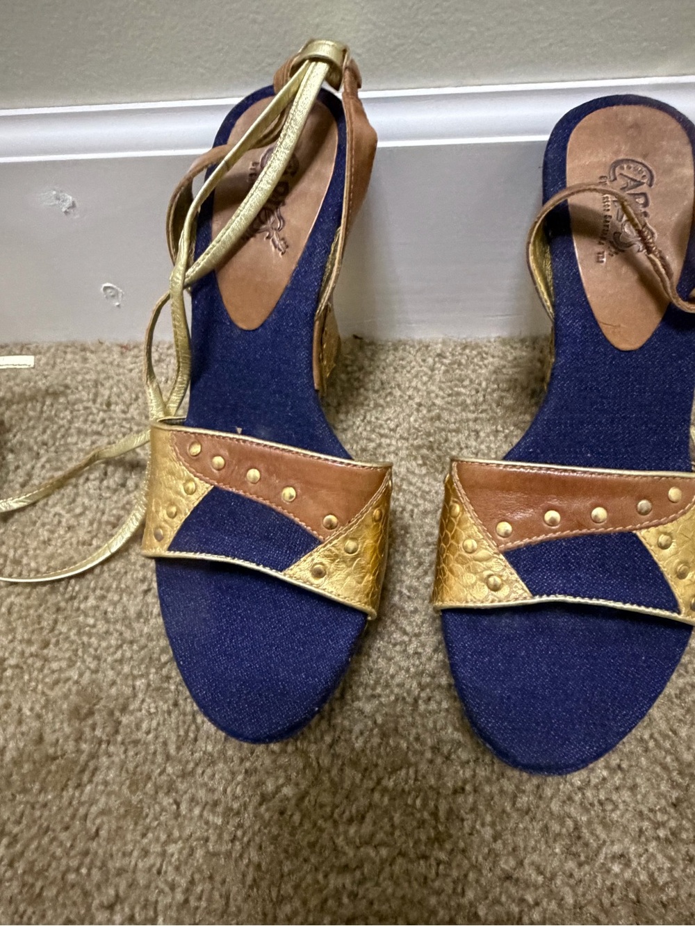 Carlos by Carlos Santana Navy Denim Sandal with Gold and Brown Accents